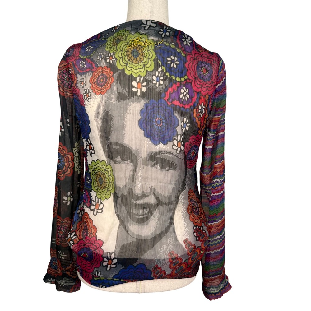 Desigual Floral Sheer Blouse Womens Size M Multicolor Chiffon Bohoโ Graphic Art